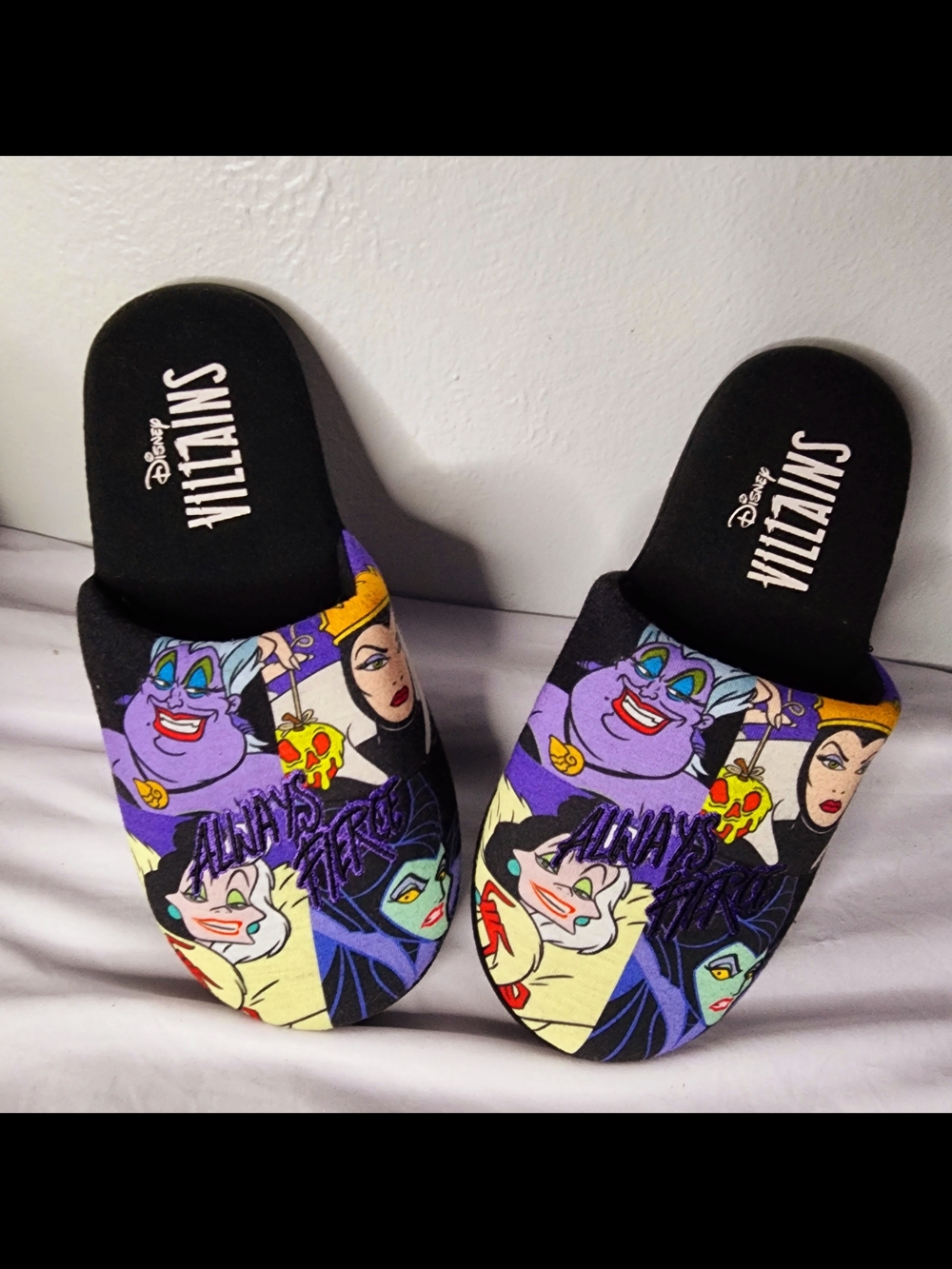 Underground Disney Villains Graphic Slide Slippers in Black and Purple